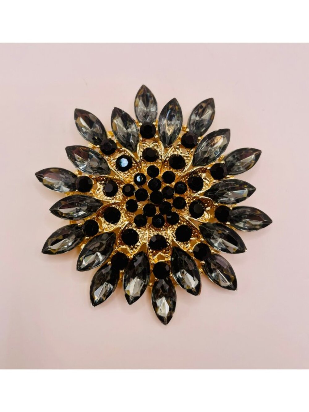 Vintage Style Gold-Tone Sunflower Brooch Black & Clear Rhinestones -110B
